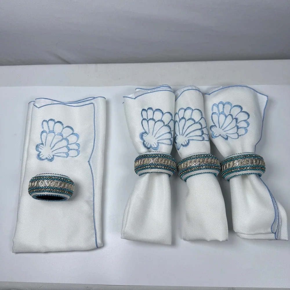 Embroidered Seashell Napkins with Jeweled Napkin Rings - Set of‎ 4